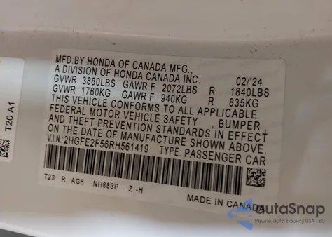 2024 Honda Civic Sport z USA, uszkodzony, nr VIN 2HGFE2F56RH561419